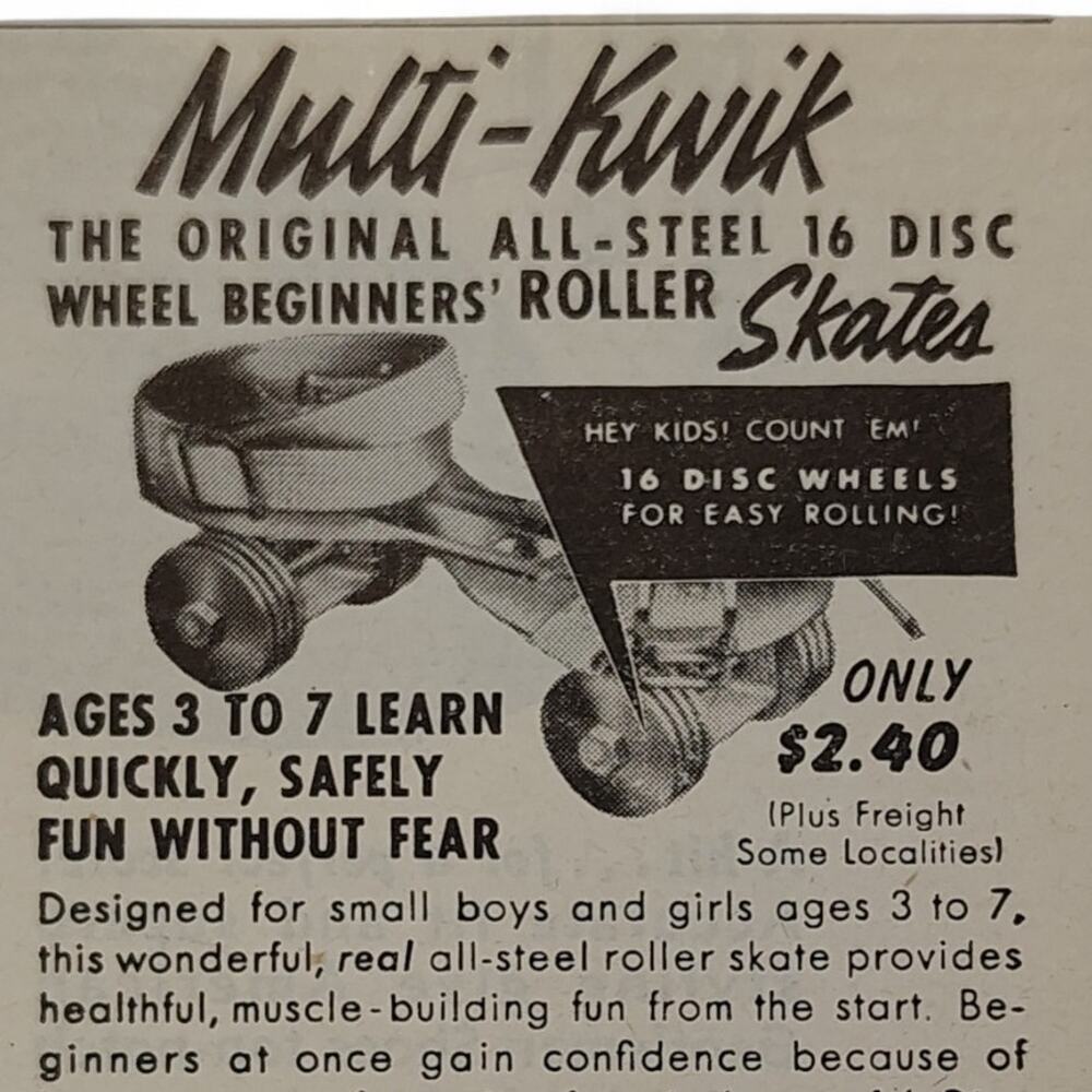 1946 Vintage metal roller skates Print Ad Multi-Kwik‎ MCM Childhood Toy Ephemera